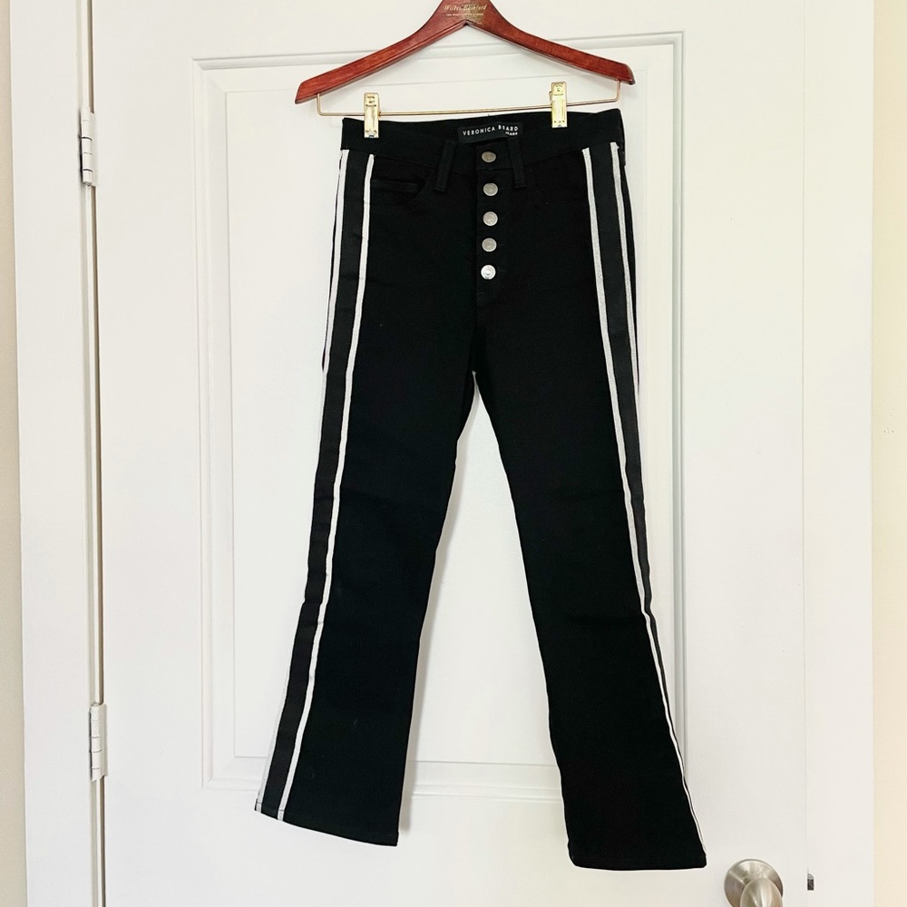 Veronica Beard mid-rise black flare jeans with silver detail